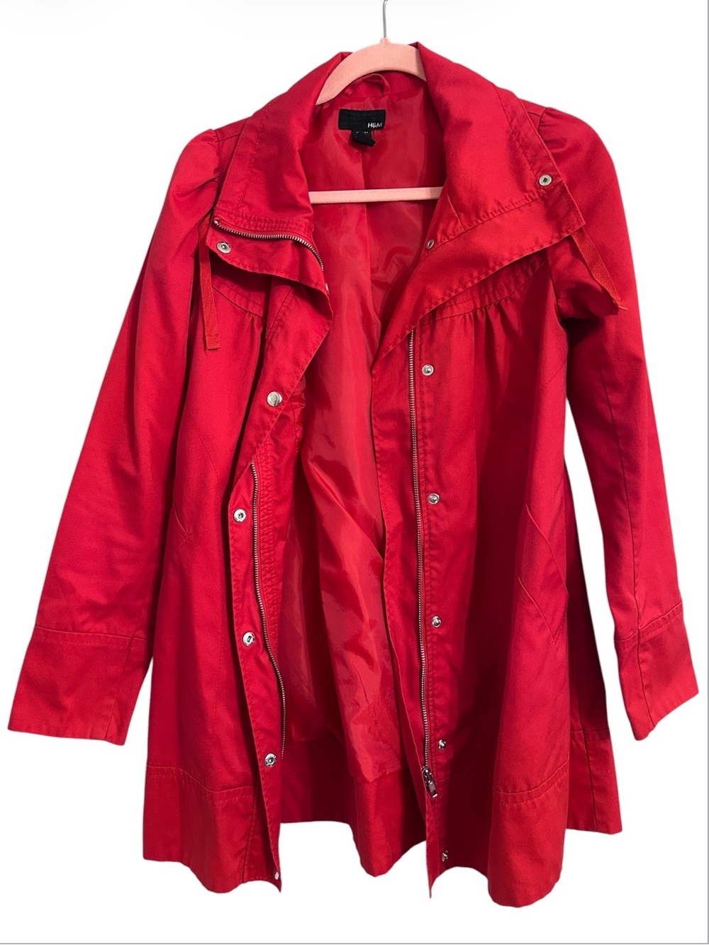 H&M Red Trench Coat with Snap and Zip Front